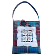 Vintage fabric shopper bag in Clan Fraser tartan with embroidered floral doily pocket and shoulder strap