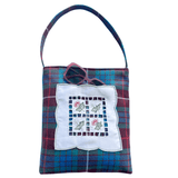 Vintage fabric shopper bag in Clan Fraser tartan with embroidered floral doily pocket and shoulder strap