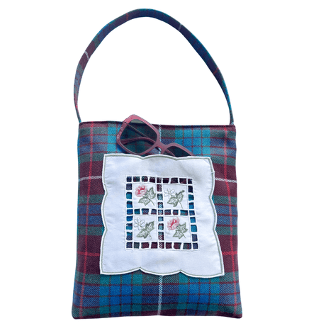 Vintage fabric shopper bag in Clan Fraser tartan with embroidered floral doily pocket and shoulder strap