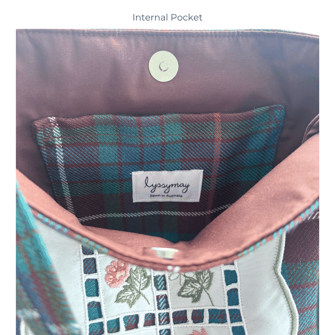 Fraser Tartan Bag – Embroidered Doily Pocket & Shoulder Strap