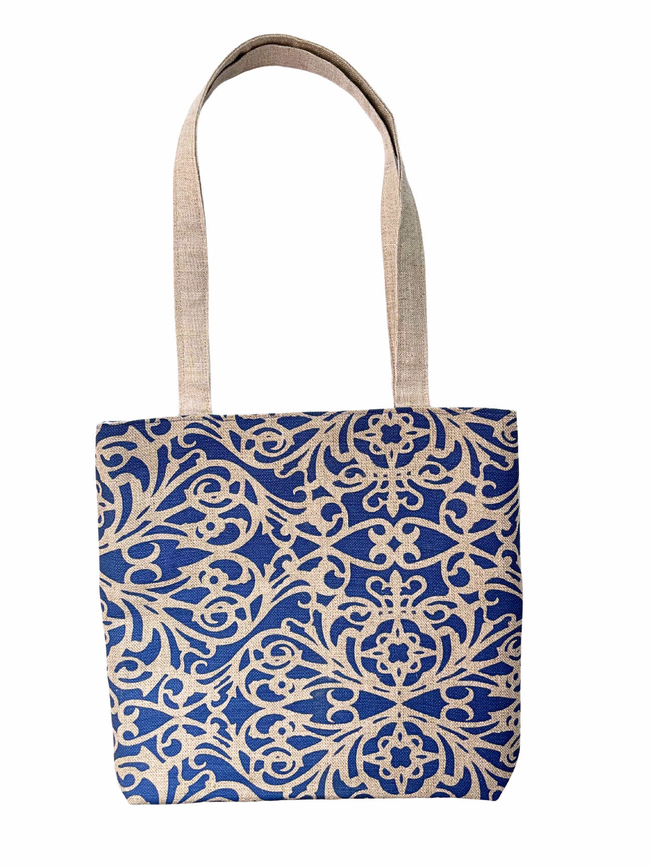 Hand printed linen and denim bag