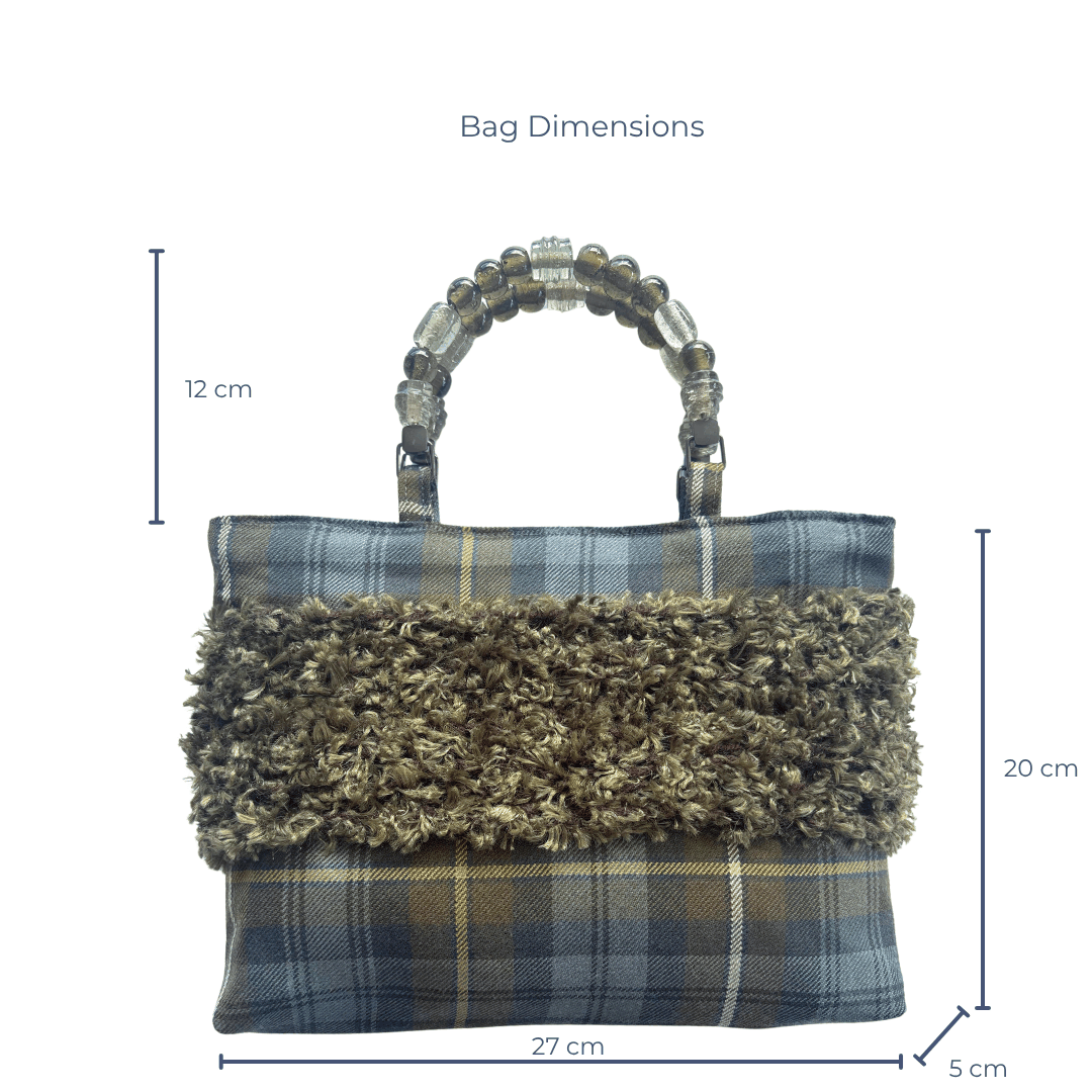 Weathered Gordon Tartan Bag – Handknitted Panel & Glass Bead Handles
