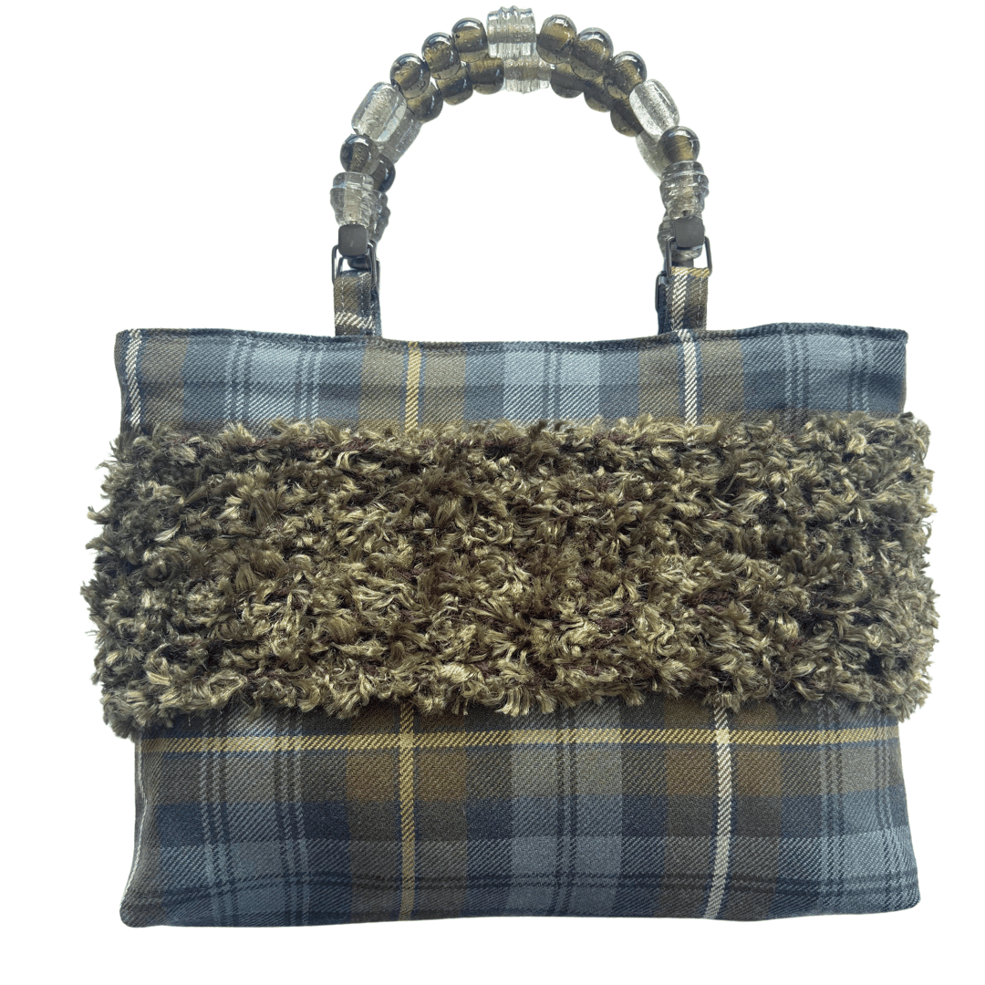 Vintage fabric shopper bag with weathered Gordon tartan, handknitted panel, and glass bead handles