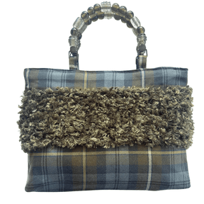Vintage fabric shopper bag with weathered Gordon tartan, handknitted panel, and glass bead handles