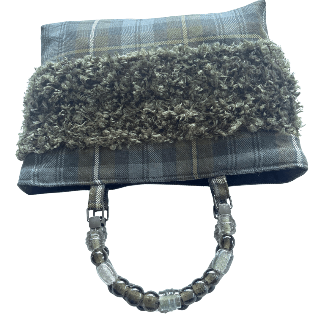 Weathered Gordon Tartan Bag – Handknitted Panel & Glass Bead Handles