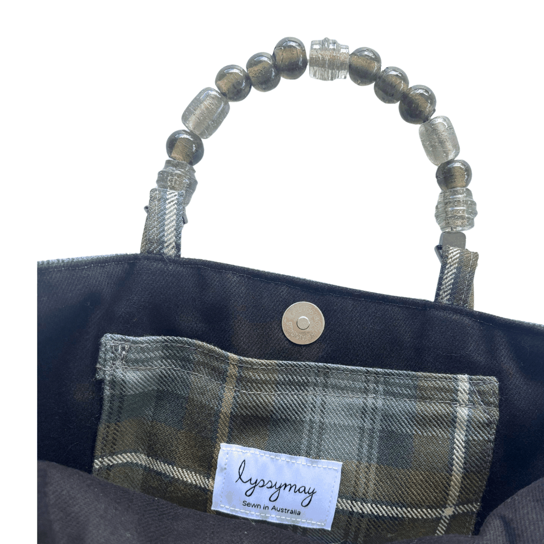 Weathered Gordon Tartan Bag – Handknitted Panel & Glass Bead Handles