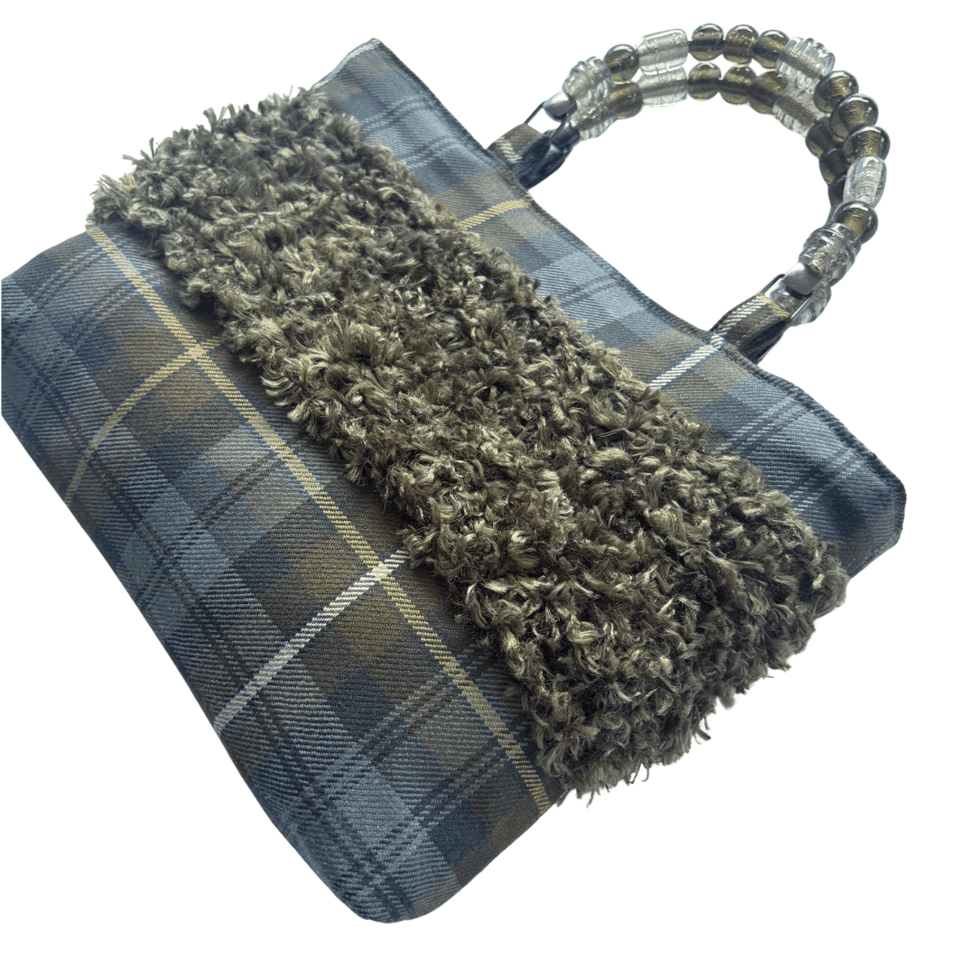 Weathered Gordon Tartan Bag – Handknitted Panel & Glass Bead Handles
