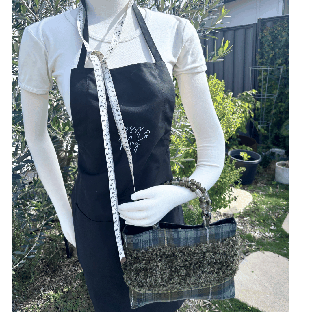 Weathered Gordon Tartan Bag – Handknitted Panel & Glass Bead Handles