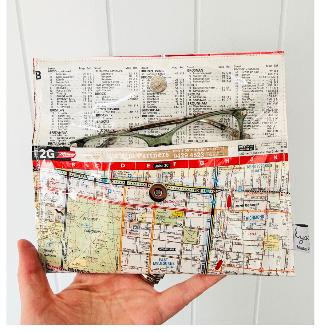 Handmade wallet by Lyssy May featuring pages of Melbourne street directory