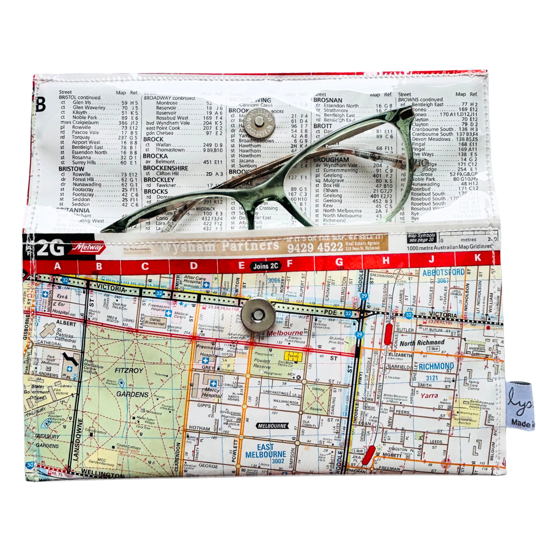 Handmade wallet by Lyssy May featuring pages of Melbourne street directory
