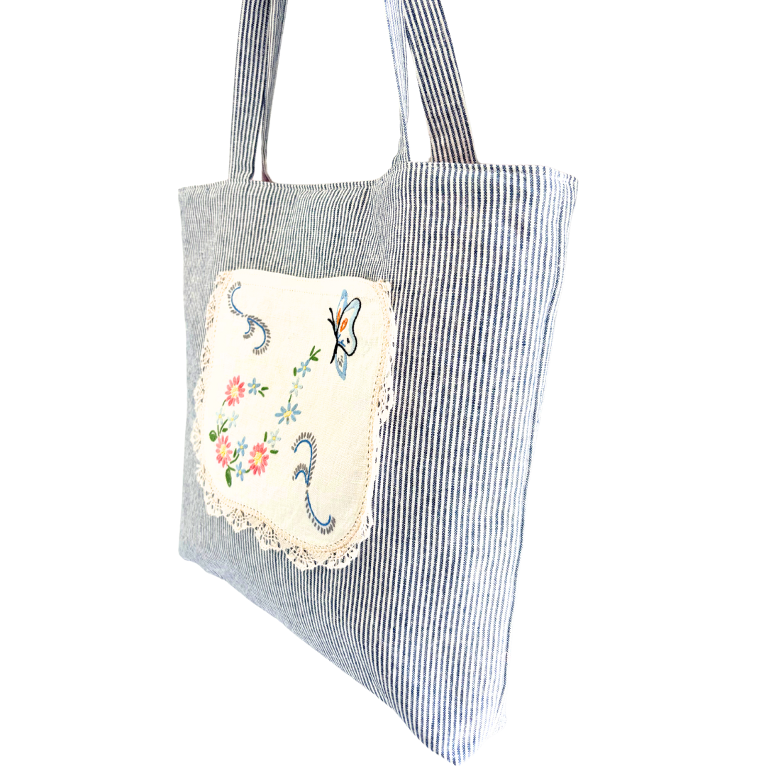 Vintage Embroidery Garden Linen Pocket Handmade Fabric Tote by Lyssy May - Blue Stripe