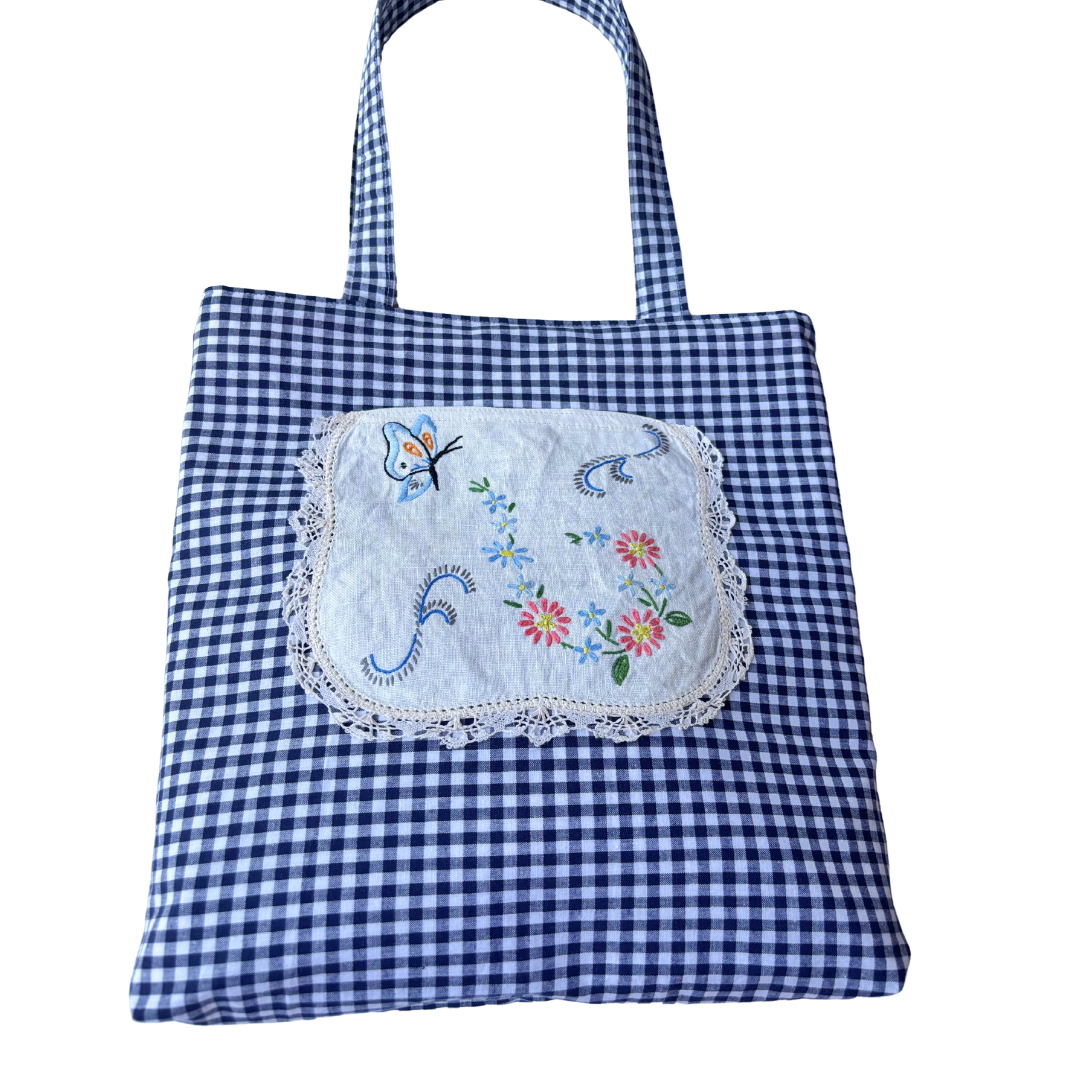 Vintage Embroidery Garden Linen Pocket Handmade Fabric Tote by Lyssy May - Navy Gingham