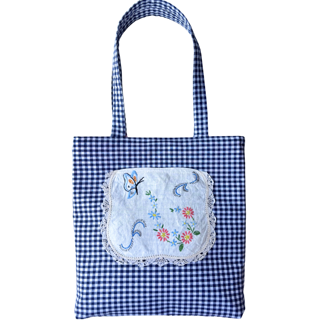 Vintage Embroidery Garden Linen Pocket Handmade Fabric Tote by Lyssy May - Navy Gingham