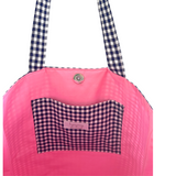 Vintage Embroidery Garden Linen Pocket Handmade Fabric Tote by Lyssy May - Navy Gingham
