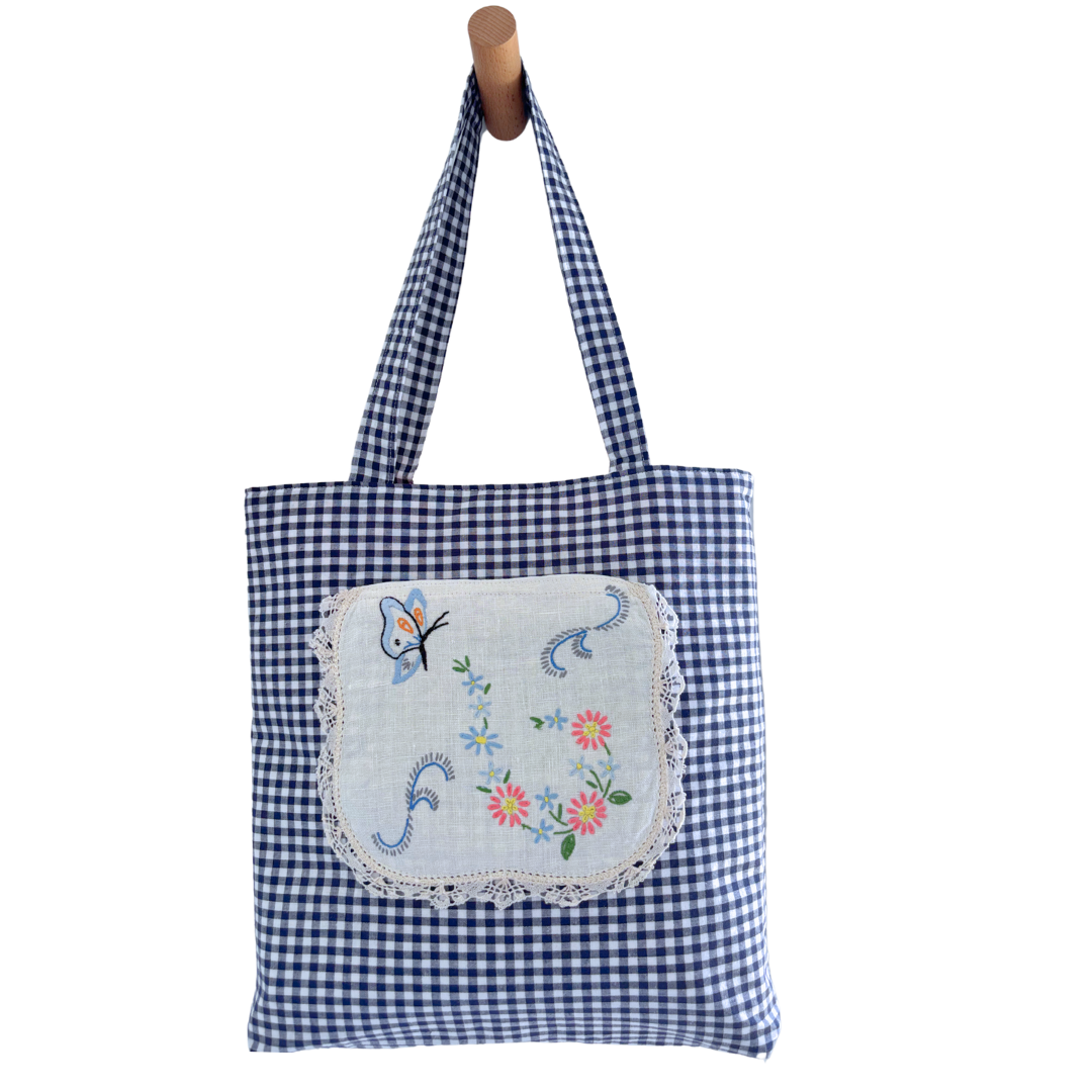 Vintage Embroidery Garden Linen Pocket Handmade Fabric Tote by Lyssy May - Navy Gingham