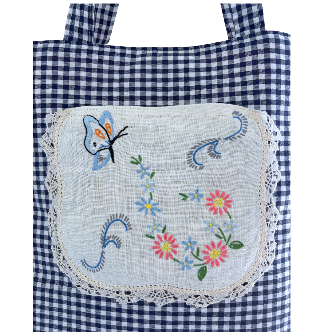 Vintage Embroidery Garden Linen Pocket Handmade Fabric Tote by Lyssy May - Navy Gingham