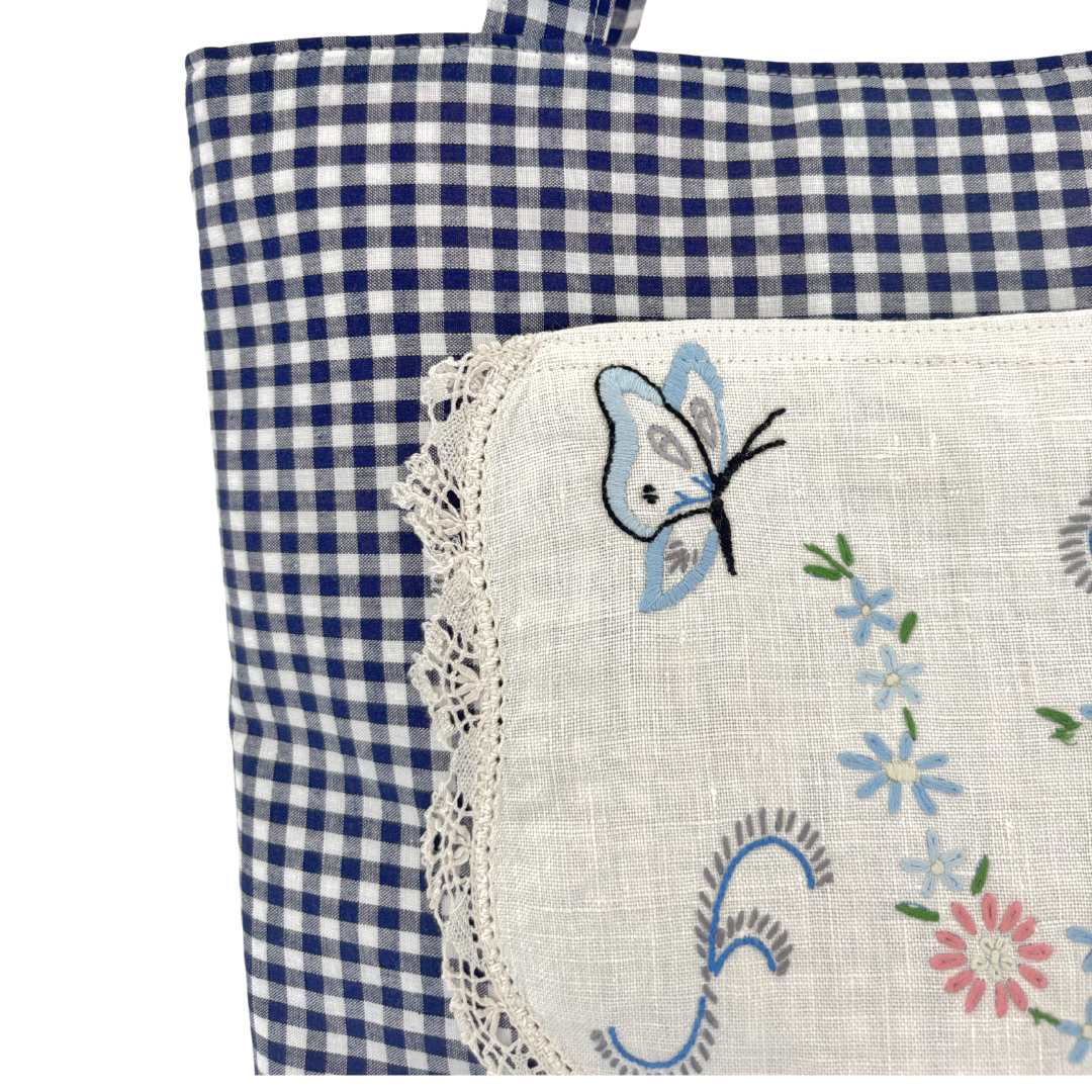 Vintage Embroidery Garden Linen Pocket Handmade Fabric Tote by Lyssy May - Navy Gingham