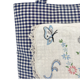 Vintage Embroidery Garden Linen Pocket Handmade Fabric Tote by Lyssy May - Navy Gingham