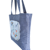Vintage Embroidery Garden Linen Pocket Handmade Fabric Tote by Lyssy May - Navy Gingham