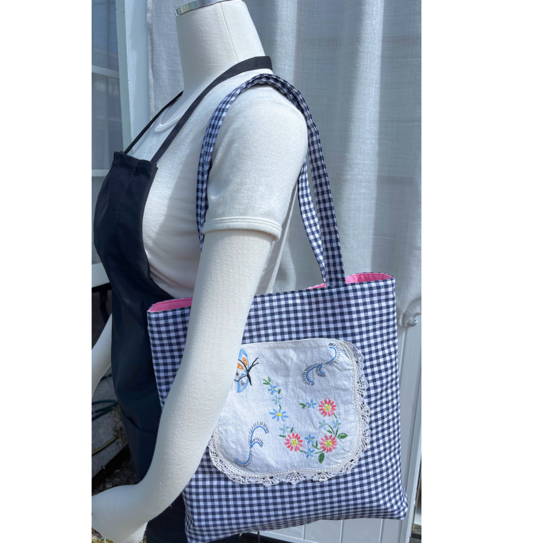 Vintage Embroidery Garden Linen Pocket Handmade Fabric Tote by Lyssy May - Navy Gingham