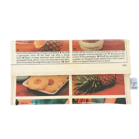 handmade wallet featuring original pages of a retro recipe book featuring pineappples
