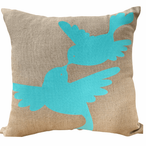 Dove Love Cushion Cover hand-printed in aqua on natural linen with eco-friendly inks