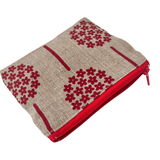 Beige pouch with red floral patterns and zipper on a white background