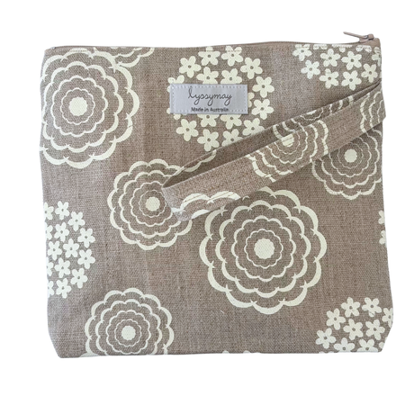 Cottage Garden in Cream on Natural Linen - Wristlet Zip Purse