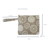 Patterned purse with dimensions labeled on a white background