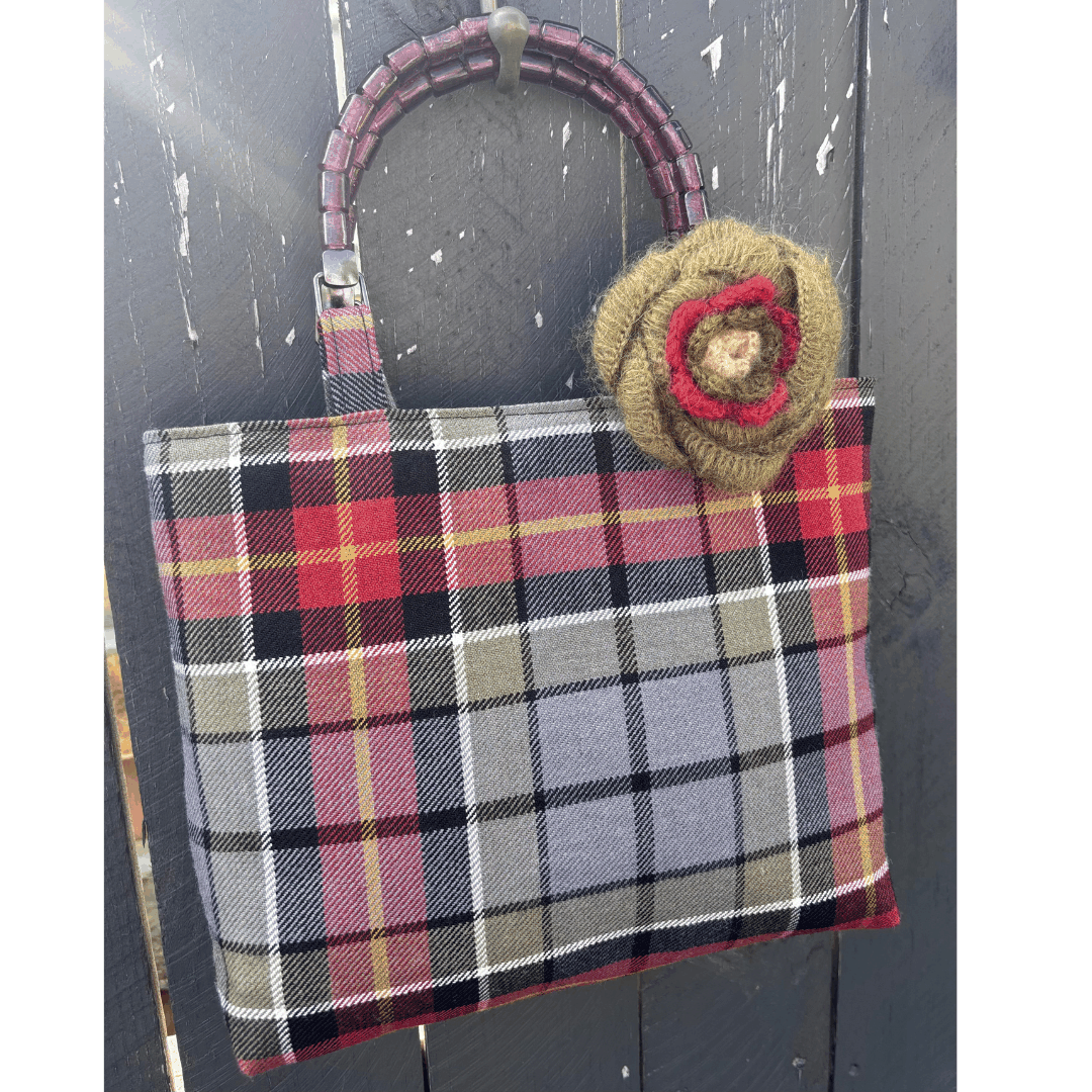 Wool Tartan Bag – Flower Brooch & Glass Bead Handles