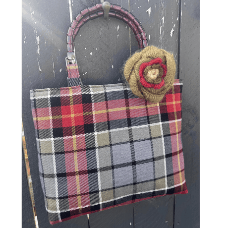 Wool Tartan Bag – Flower Brooch & Glass Bead Handles