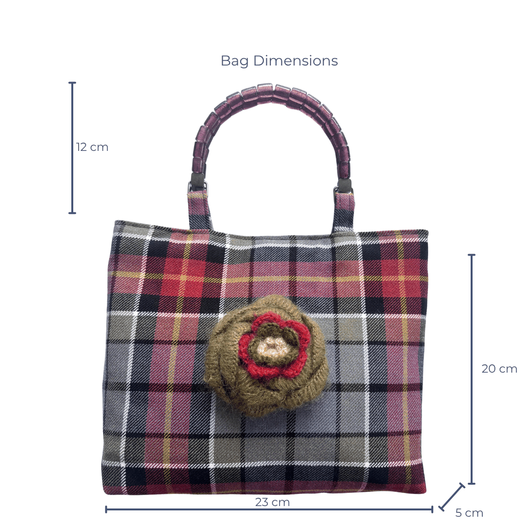 Wool Tartan Bag – Flower Brooch & Glass Bead Handles
