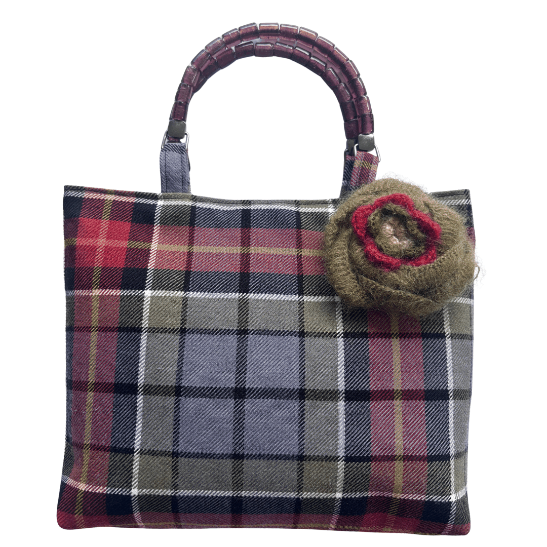 Wool Tartan Bag – Flower Brooch & Glass Bead Handles