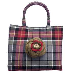 Handmade vintage fabric shopper bag in Scottish wool tartan with removable flower brooch and mauve glass bead handles