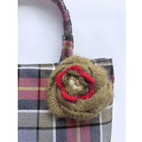 Wool Tartan Bag – Flower Brooch & Glass Bead Handles