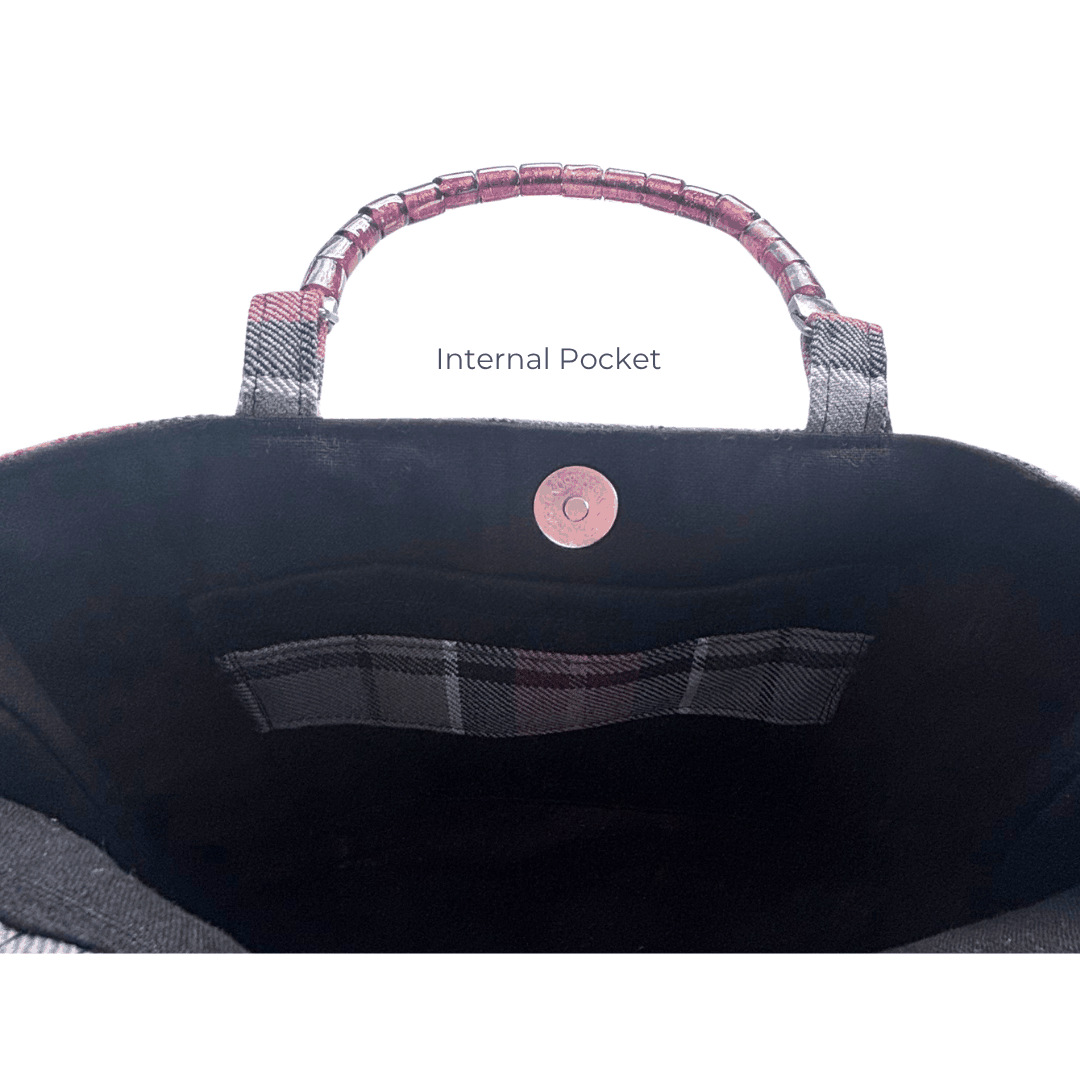 Wool Tartan Bag – Flower Brooch & Glass Bead Handles