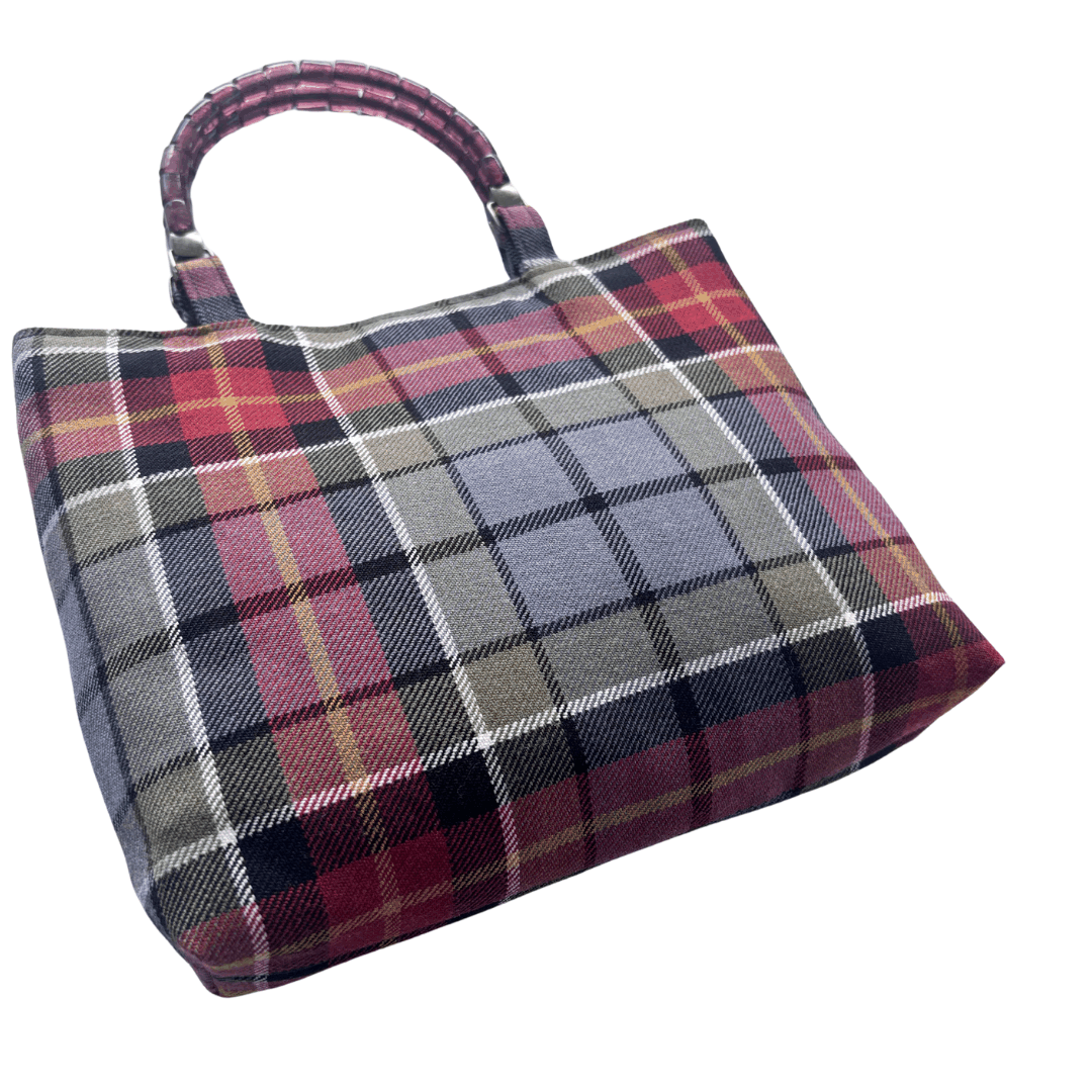 Wool Tartan Bag – Flower Brooch & Glass Bead Handles