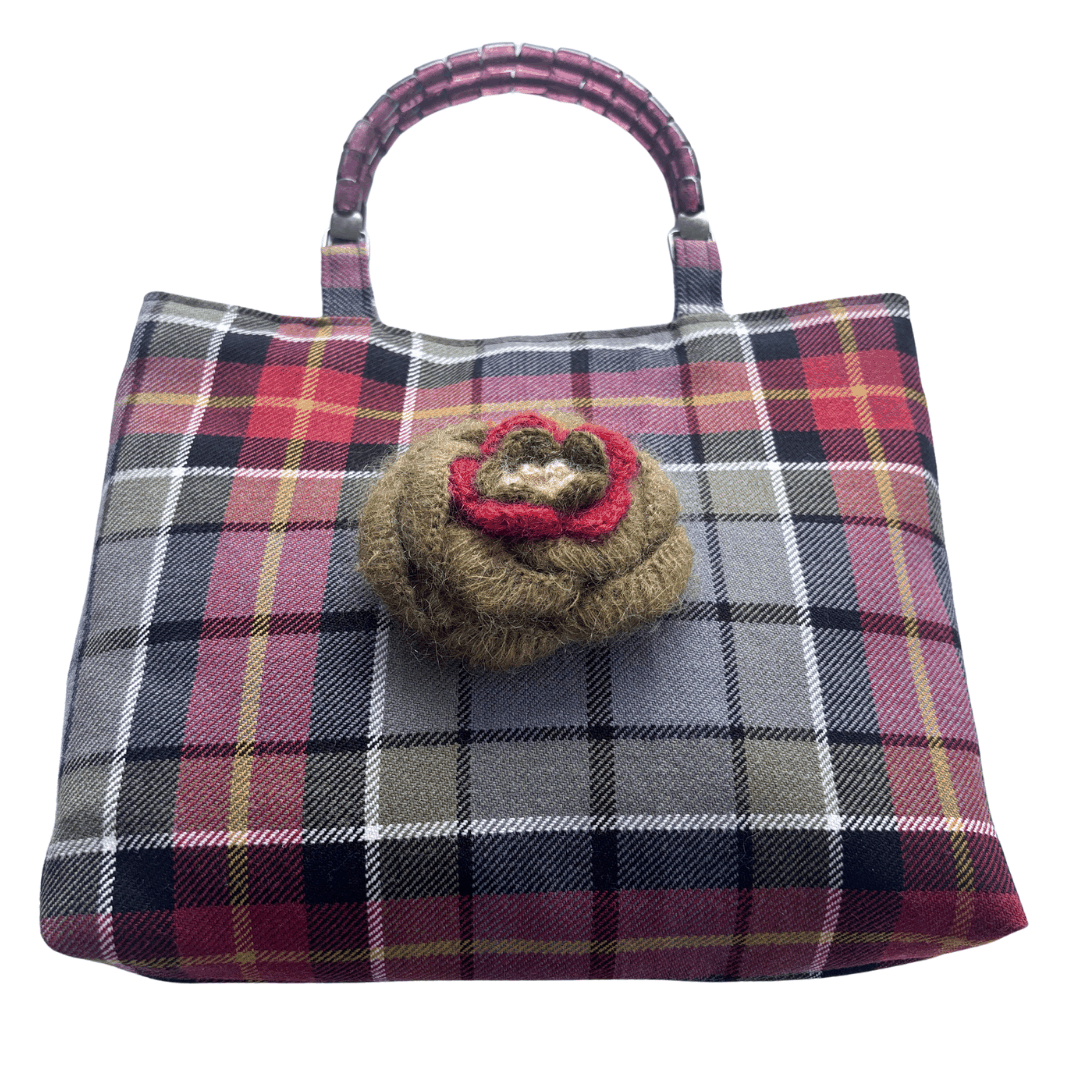 Wool Tartan Bag – Flower Brooch & Glass Bead Handles