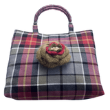 Wool Tartan Bag – Flower Brooch & Glass Bead Handles