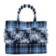 Clark Ancient Tartan Bag with handknitted panel, beaded handles, and vintage fabric shopper design
