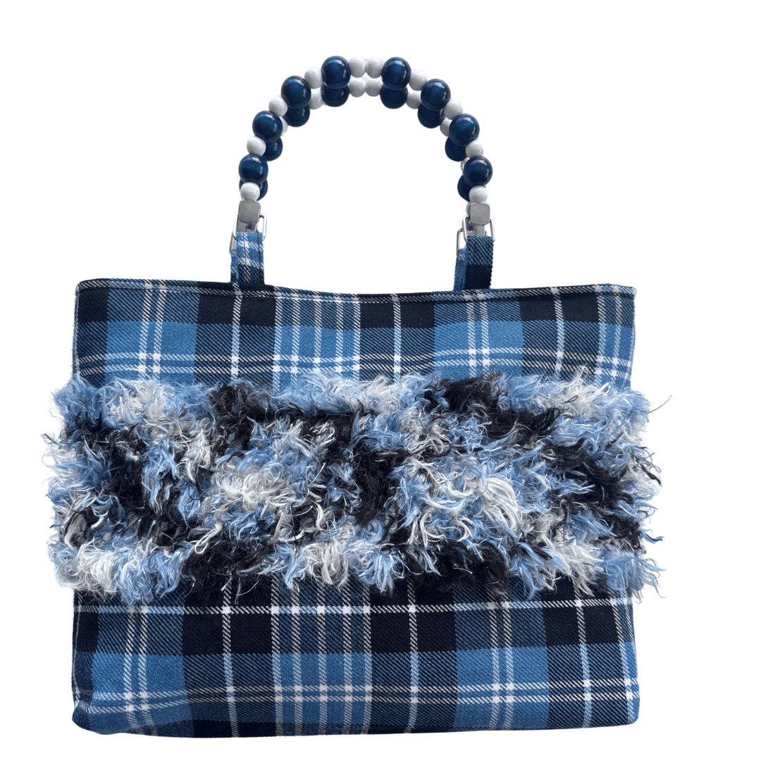 Clark Ancient Tartan Bag with handknitted panel, beaded handles, and vintage fabric shopper design