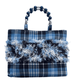 Clark Ancient Tartan Bag with handknitted panel, beaded handles, and vintage fabric shopper design
