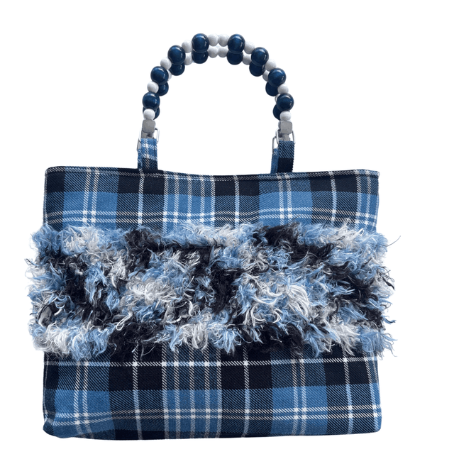 Clark Ancient Tartan Bag with handknitted panel, beaded handles, and vintage fabric shopper design