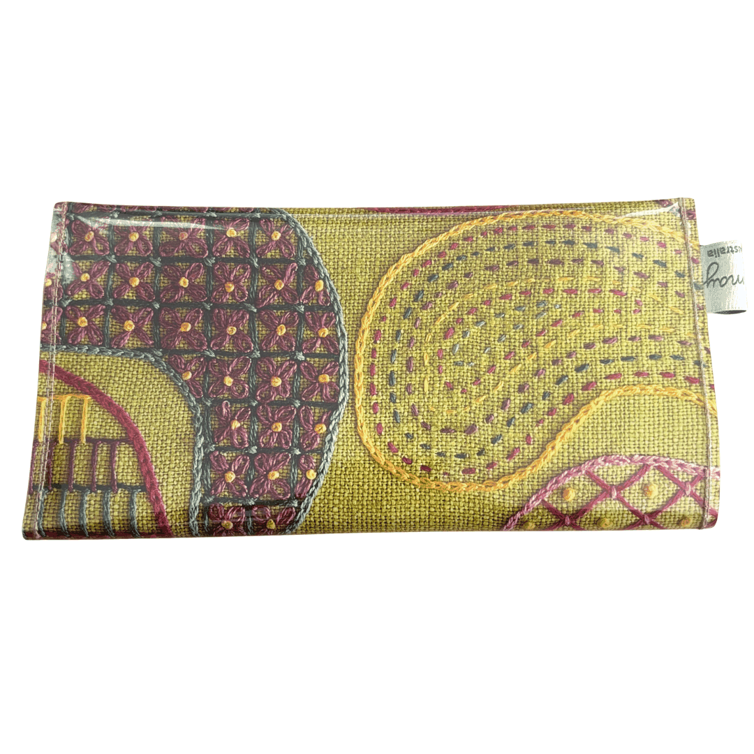Embroidery Book Wallet - Colourful Stitches on Green Linen