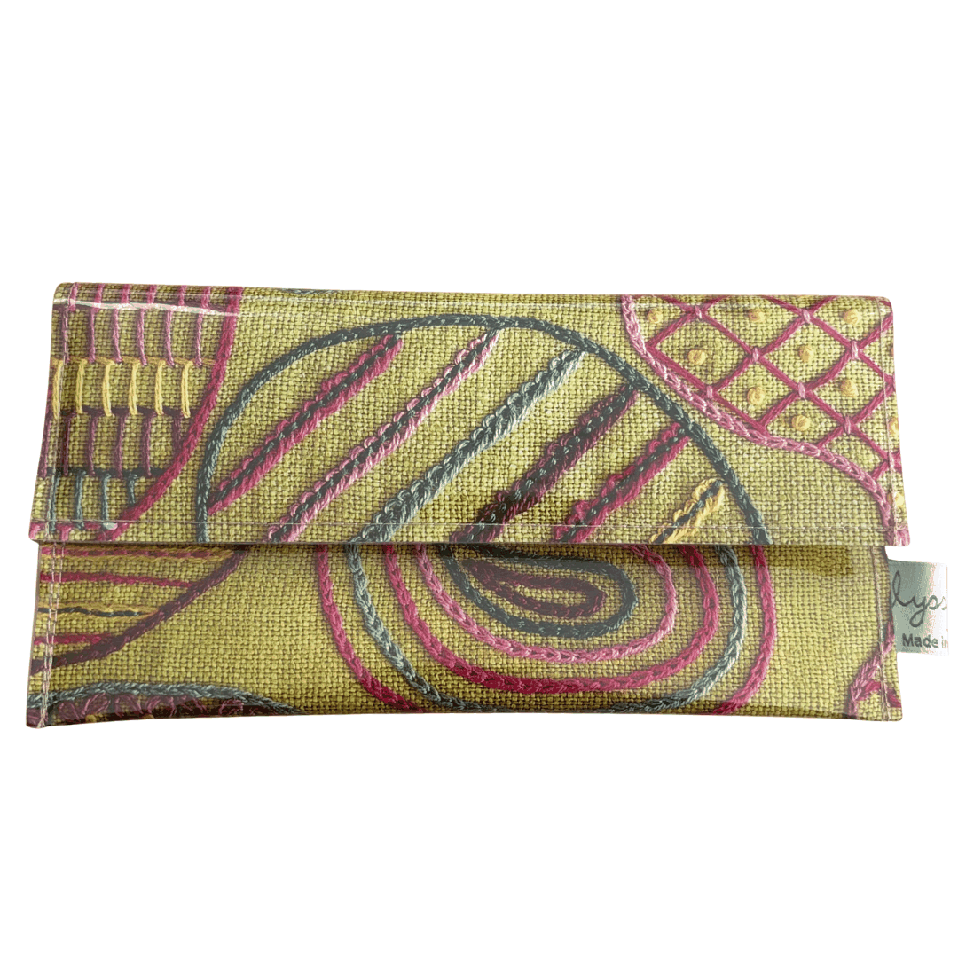 Embroidery Book Wallet - Colourful Stitches on Green Linen