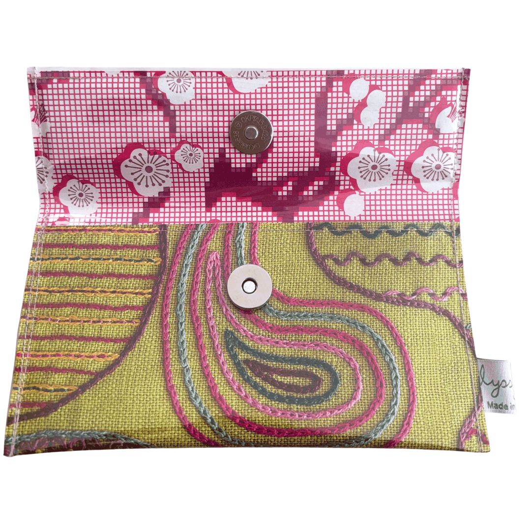 Embroidery Book Wallet - Colourful Stitches on Green Linen