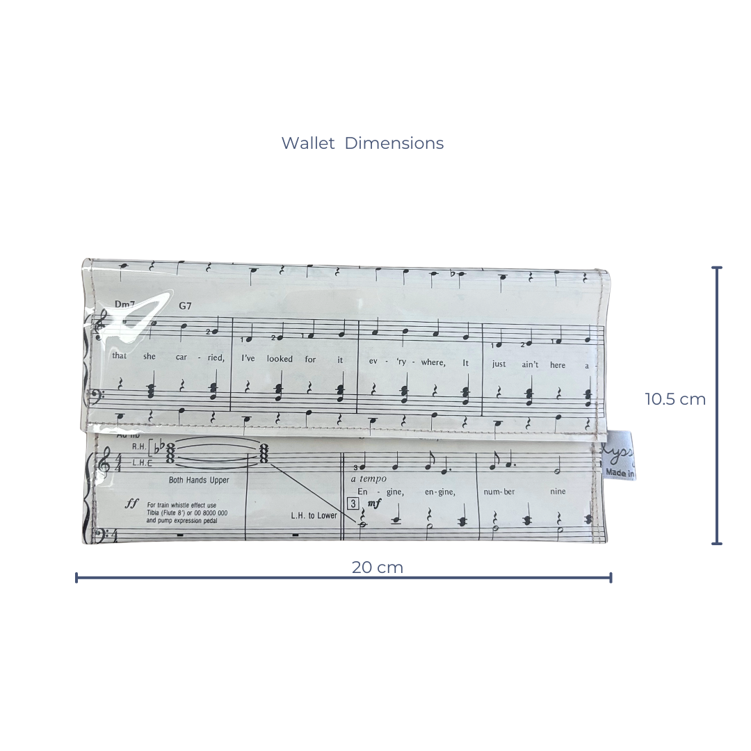 handmade wallet with musical notes design and dimensions on a white background