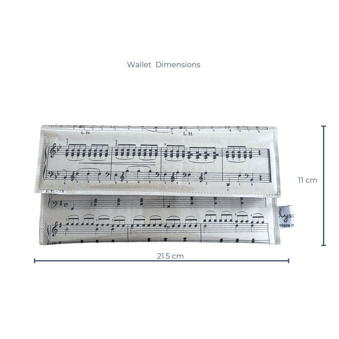 Lyssy May sheet music wallet dimensions — 21.5 cm wide by 11 cm high, made from vintage First Year at the Piano sheet music pages
