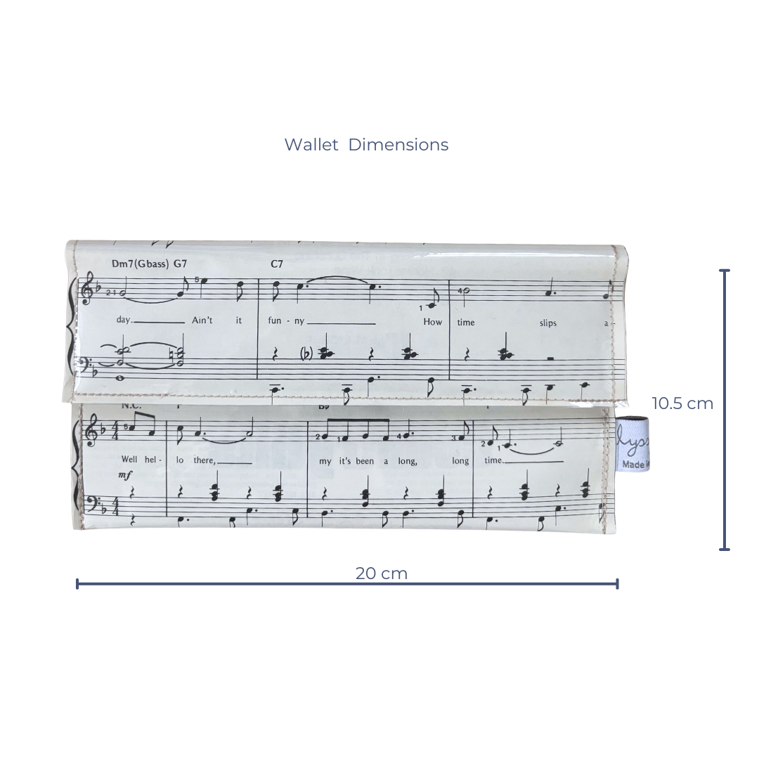 Music sheet design wallet with dimensions on a white background