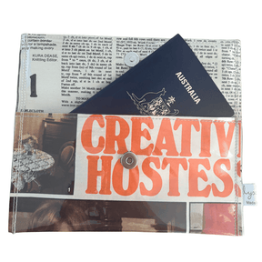 Retro 1970's magazine wallet made from vintage Home Beautiful magazine pages with knitting pattern lining and magnetic closure.